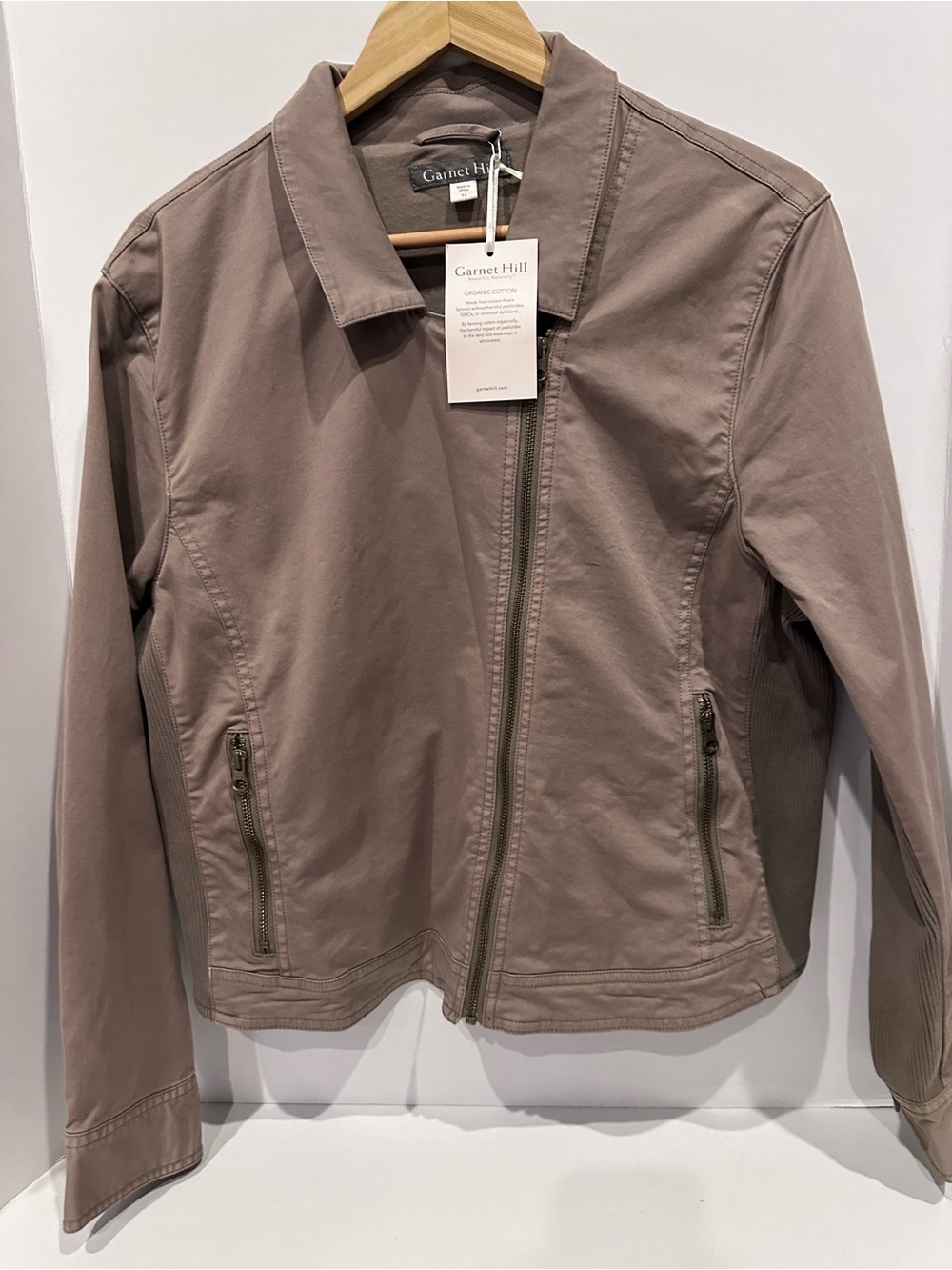 JKT704 - Garnet Hill Organic Cotton Moto Jacket Taupe Brown Size 14 NWT